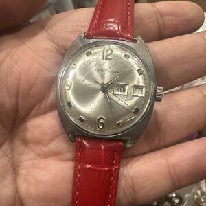 Working Vintage Sportsman Mens Day‎ Date Red Mechanical Watch Germany 34mm Fit 8
